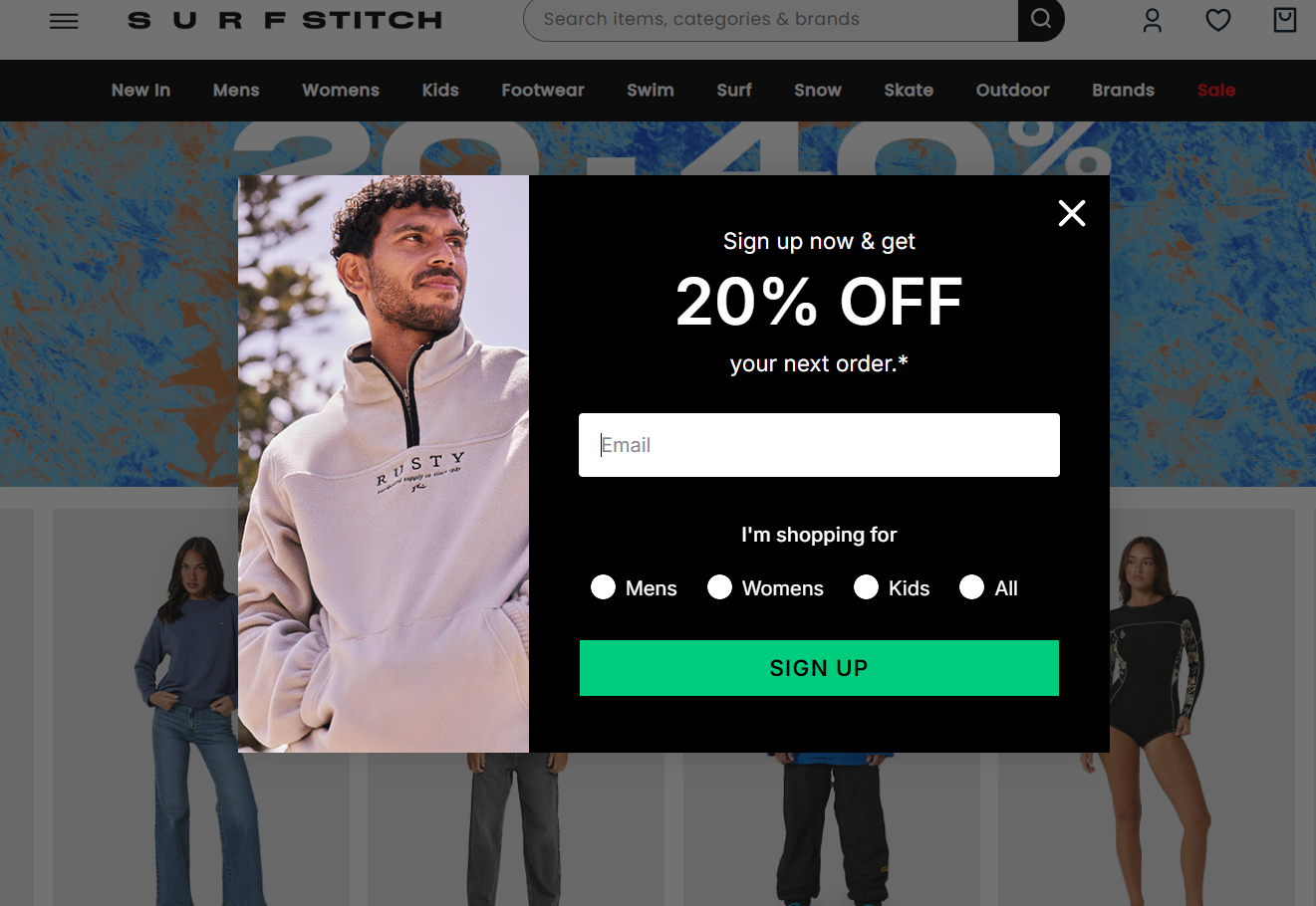 Primary.com newsletter subscription section offering 20% off on first order and text updates about new styles, sales, and special offers.